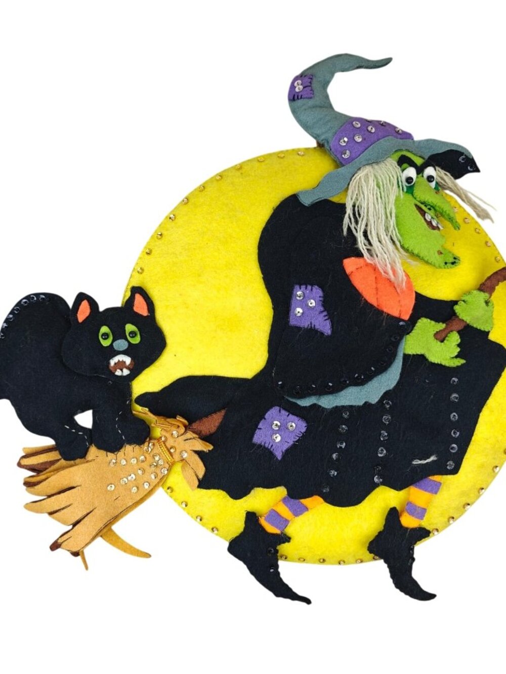 Vintage Halloween Witch & Black Cat Wall Hanger Felt Handmade Sequin Accents 16"